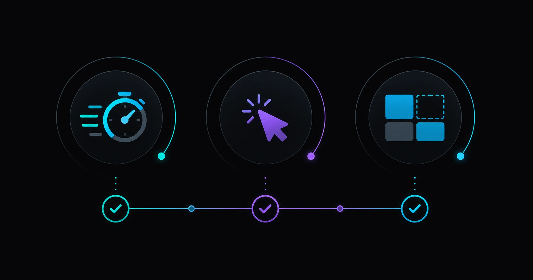 Tres iconos abstractos representando LCP, INP y CLS: velocidad de carga, respuesta e estabilidad visual