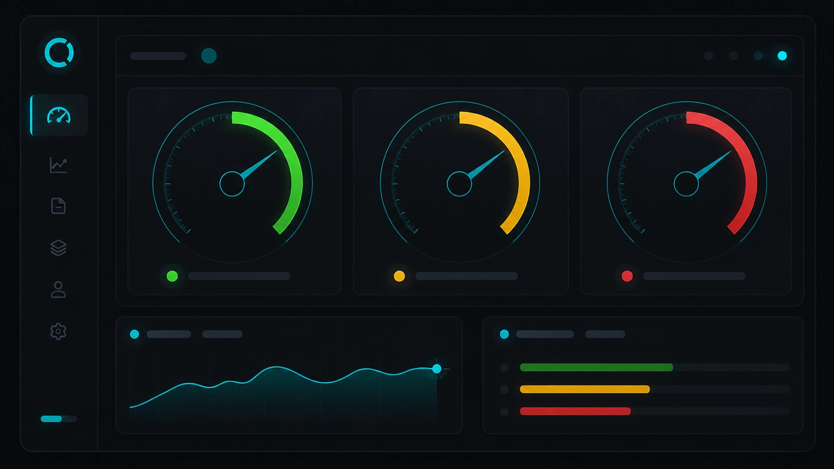Gráfico abstracto de tres métricas Core Web Vitals con barras verdes y rojas, estilo dashboard dark