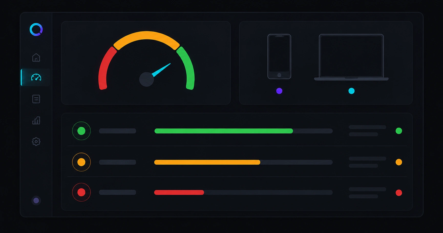 Panel abstracto de auditoría PageSpeed con medidor de rendimiento, móvil y escritorio