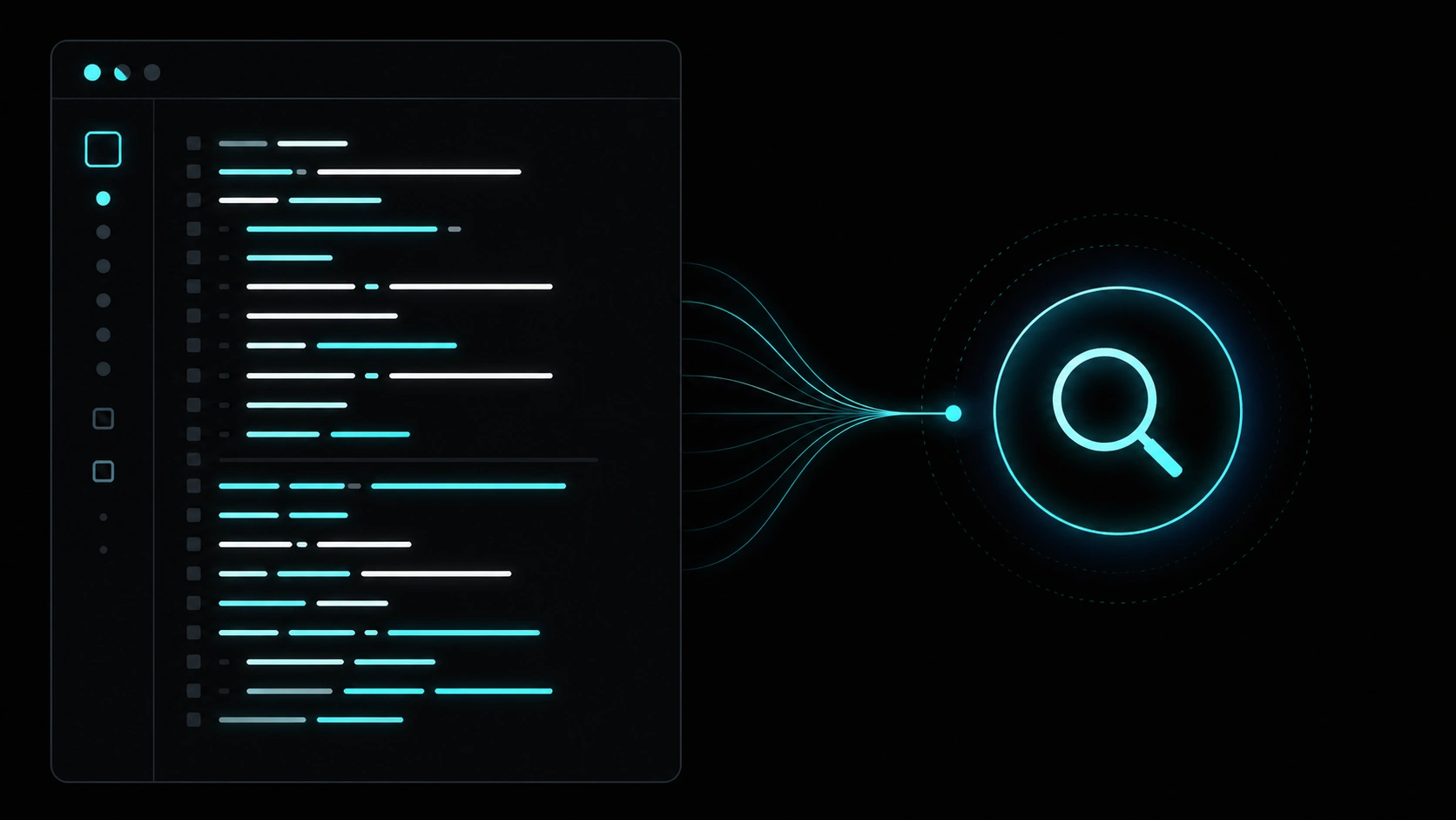 Abstract JSON code block linked to webpage and search engine icons