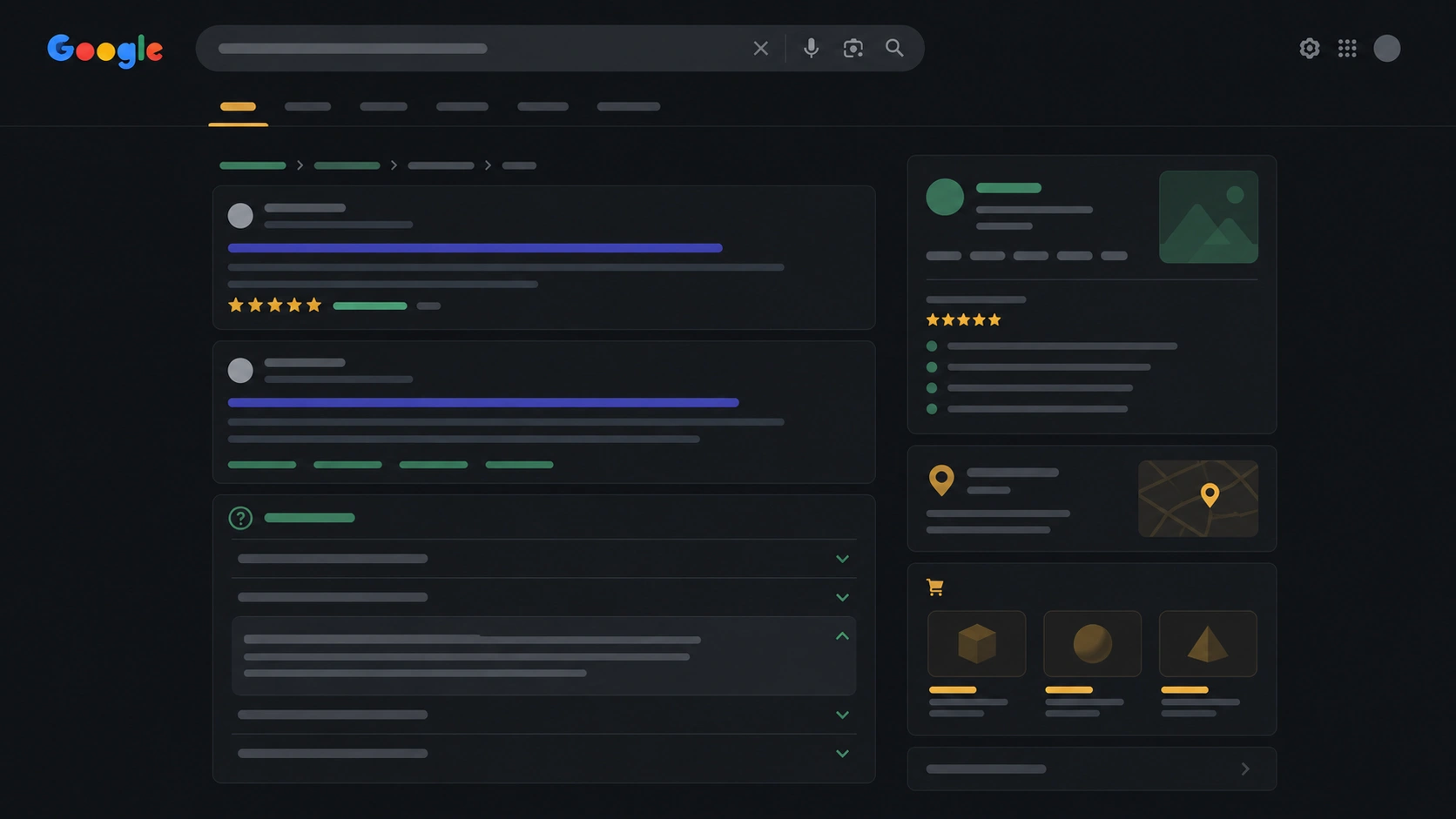Abstract search result with extras: FAQ, breadcrumbs, and star rating