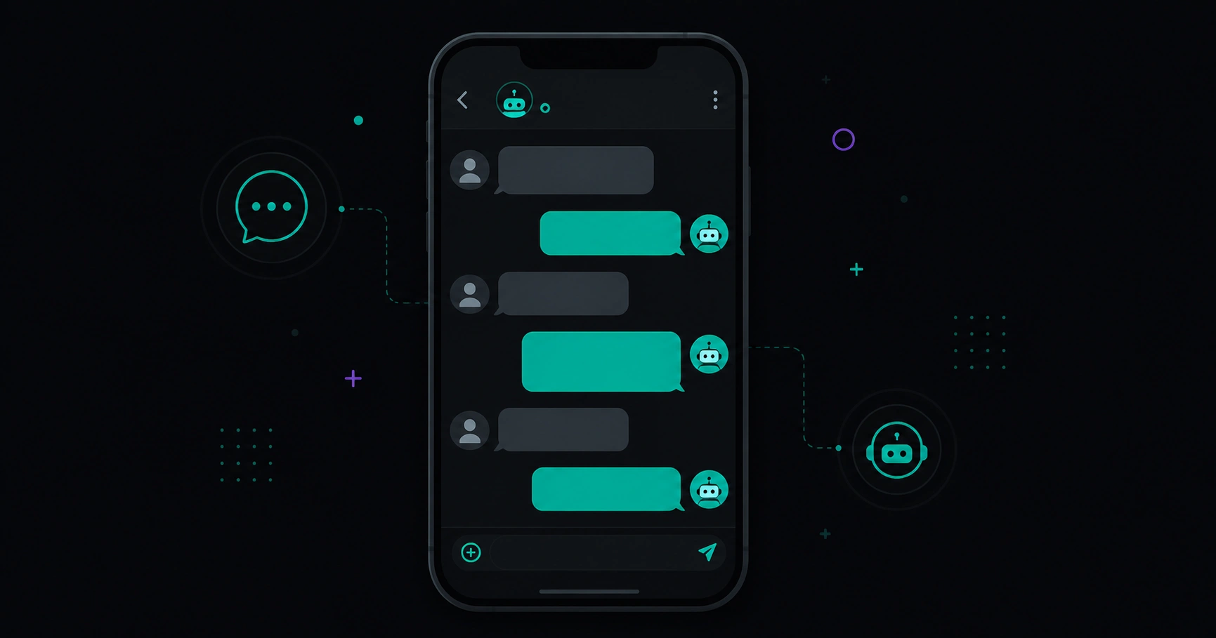 Abstract WhatsApp Business chat mockup with customer bubbles and automated replies