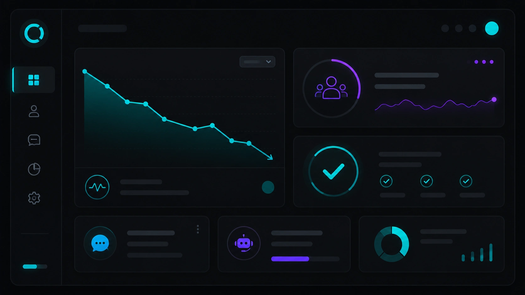 Abstract dashboard with metrics: response time, qualified leads, and resolved conversations