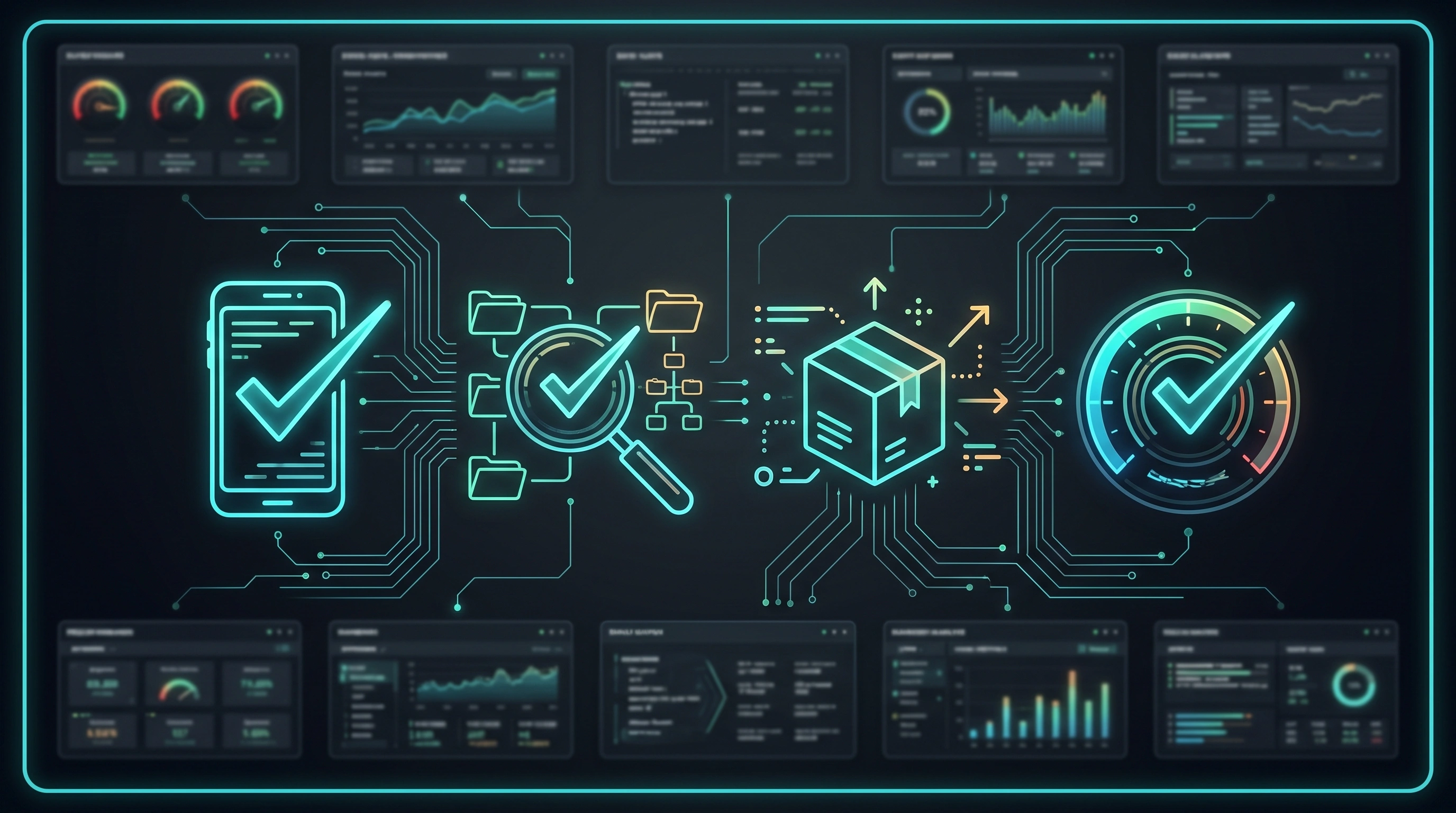 Abstract store checklist: mobile, category, product, and speed gauge
