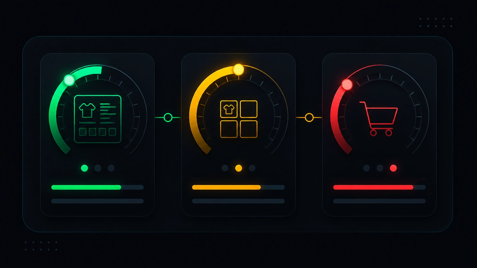 Three abstract gauges beside cart, category, and product page icons