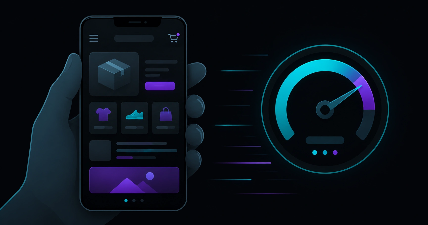 Smartphone with abstract online store and speed gauge, symbolizing mobile shopping