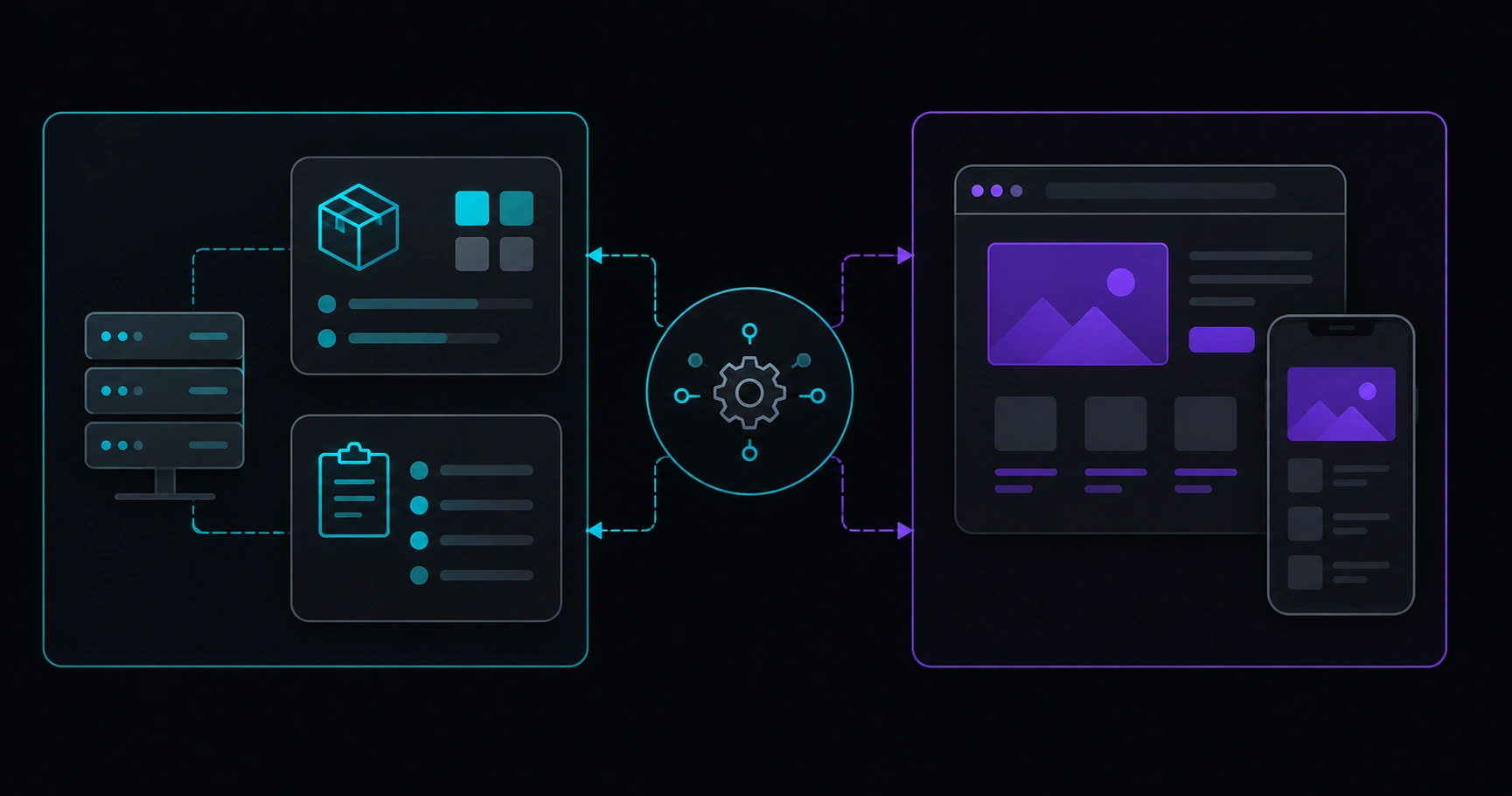 Abstract diagram: store backend connected to a modern web layer showing catalog and checkout to users