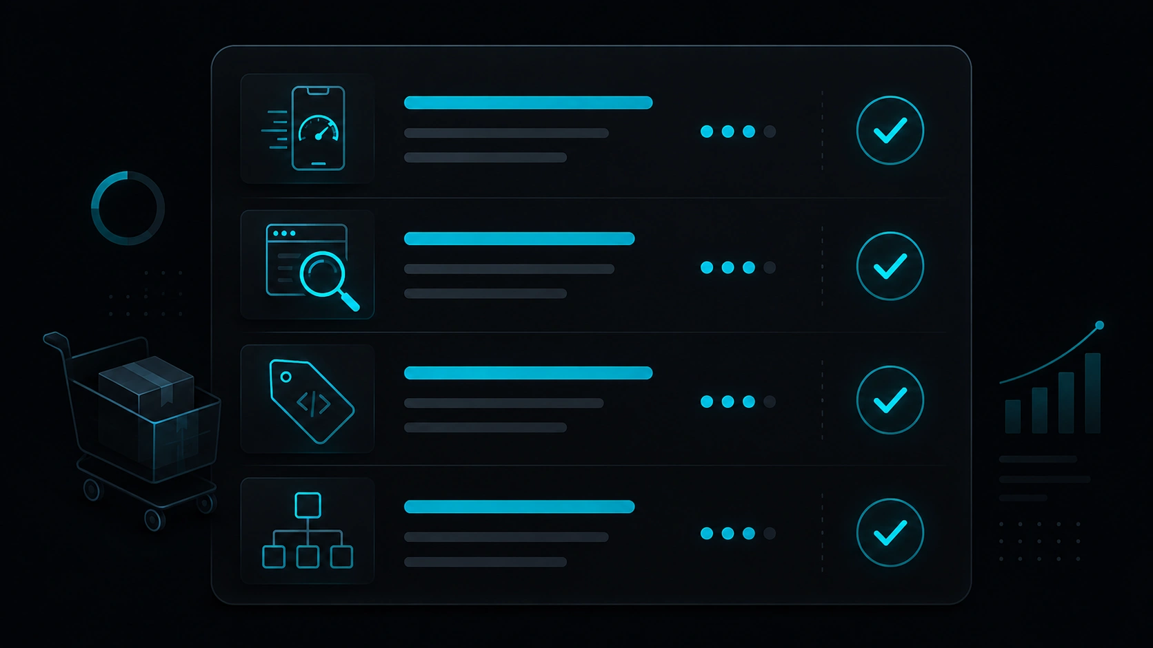 Abstract e-commerce checklist: mobile speed, product indexation, schema, and internal links