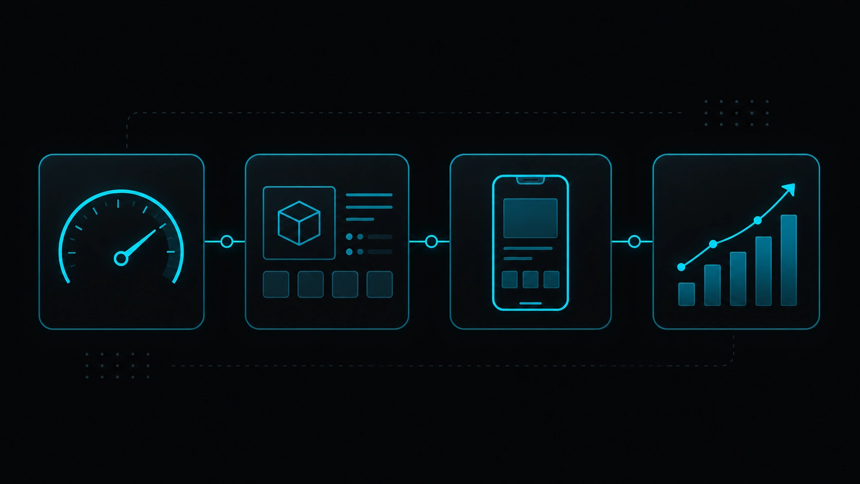 Abstract icons for speed, product page, mobile, and SEO chart around an online store