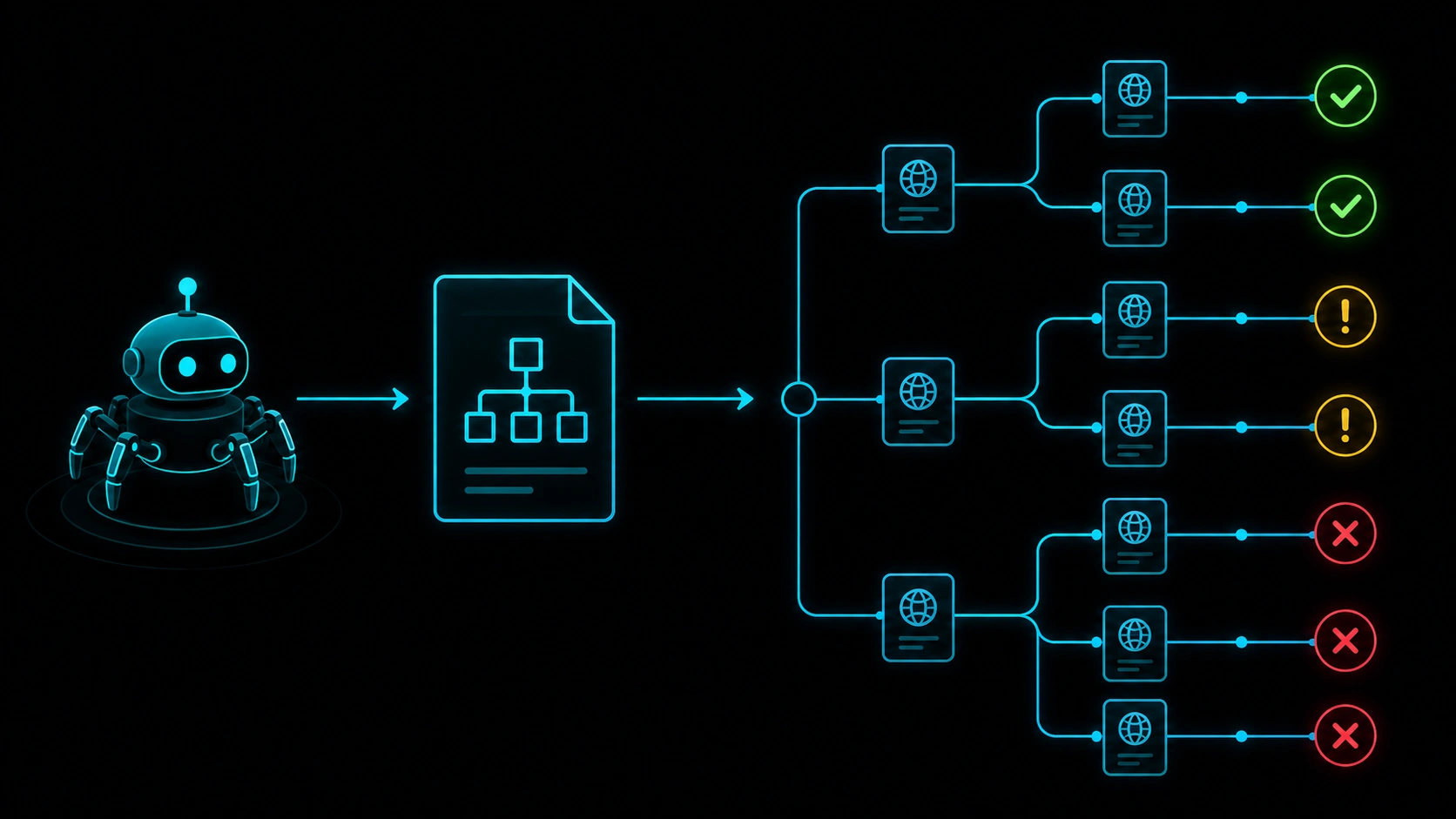 Abstract diagram: crawler bot, XML sitemap, and URLs with indexed, excluded, and error states