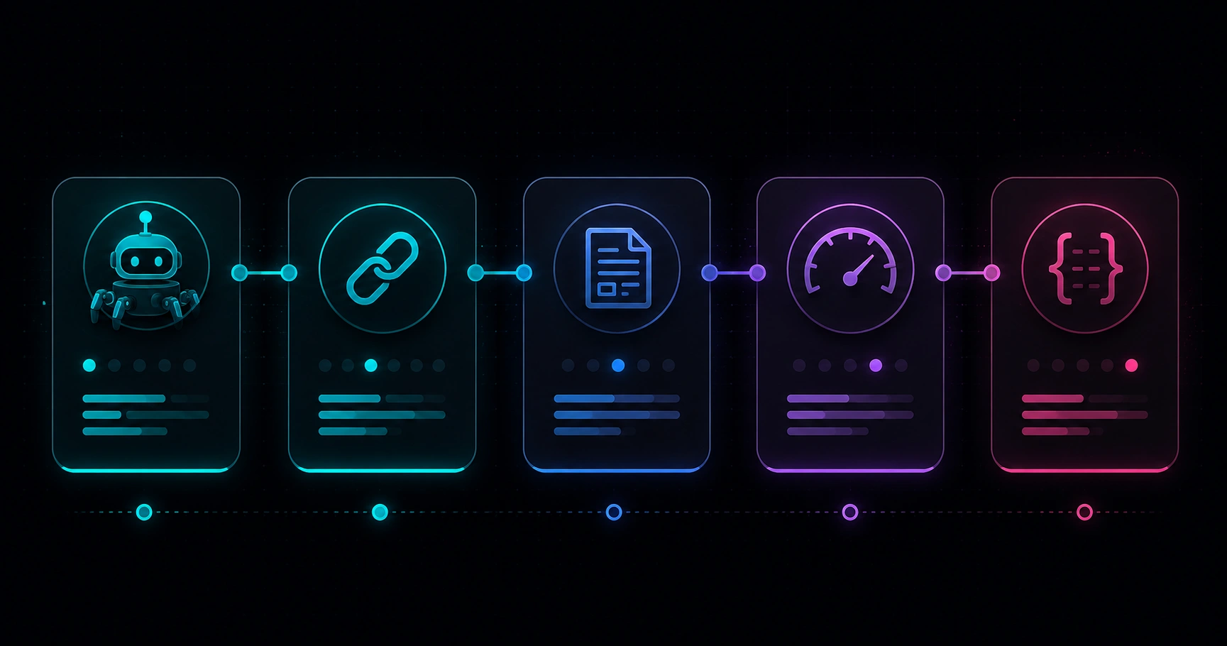 Abstract SEO audit checklist split into five phases with crawl, URL, document, speedometer, and schema icons