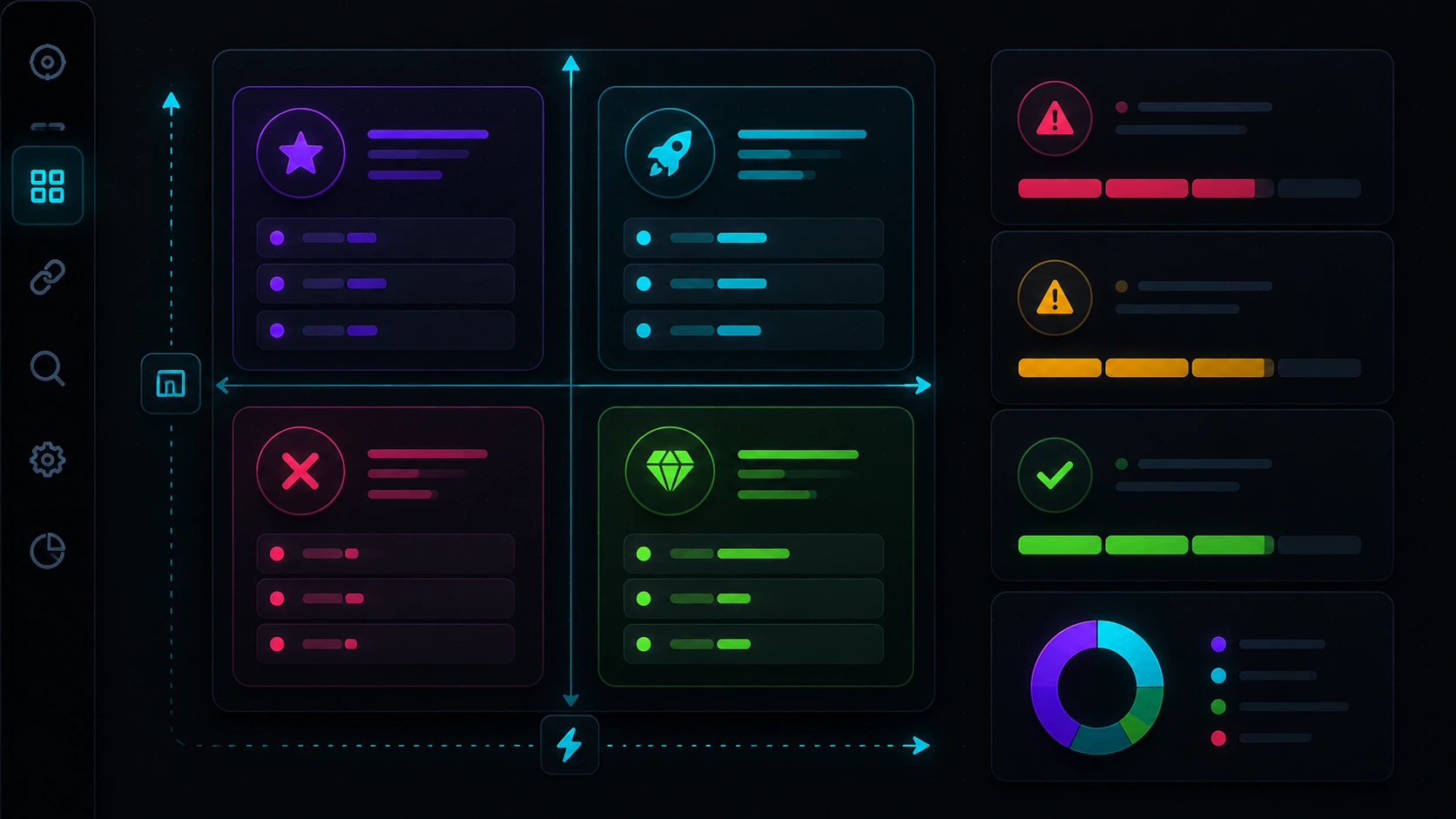 Abstract SEO prioritization matrix: high impact vs low effort with red, amber, and green severity bars