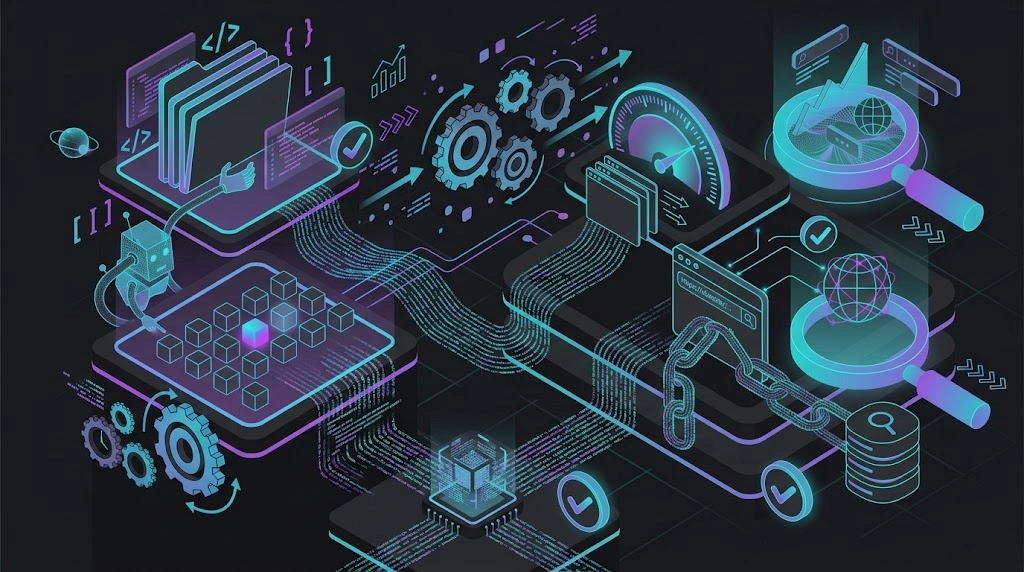 Abstract checklist with HTML, speed gauge, and dynamic gear icons